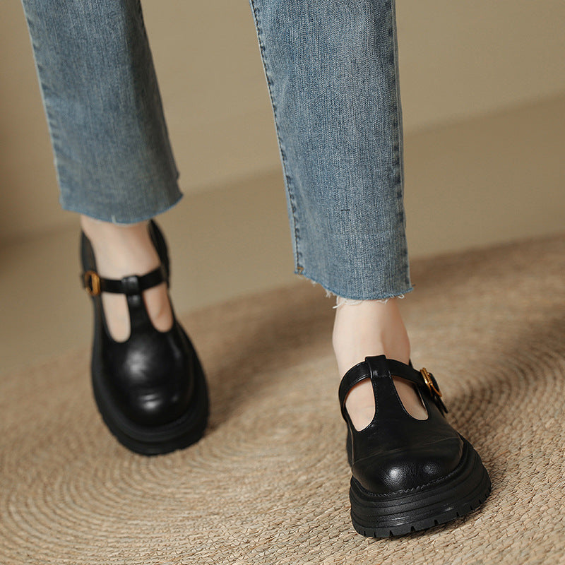 Women's Platform Vintage Mary Jane British Style Round Toe Leather Shoes