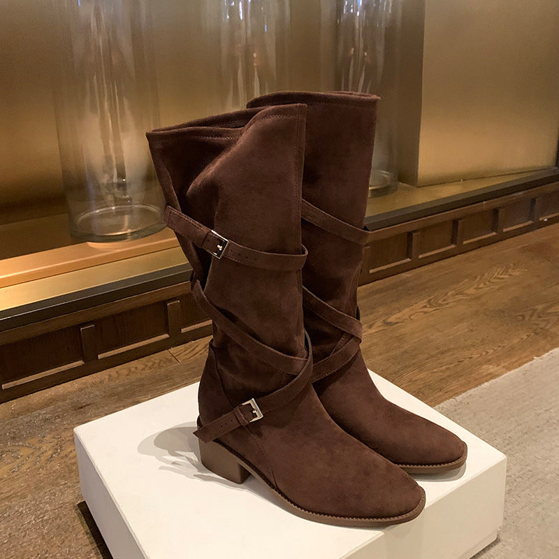 Large Long Leg Tip Round Head Cross With Thick High Boots