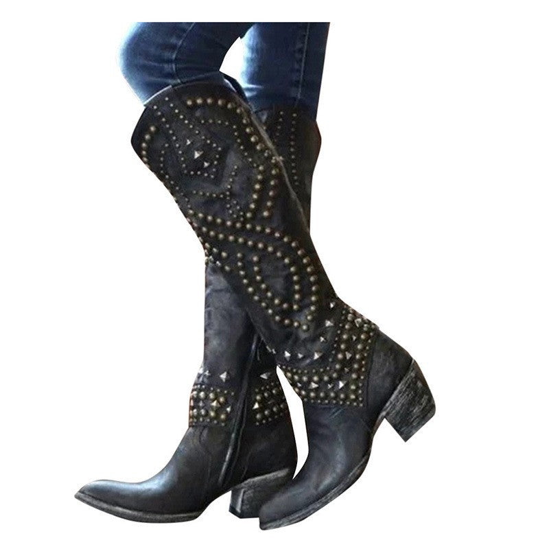Women's Rivet Thick Mid Plus Size High Women's Leather Boots