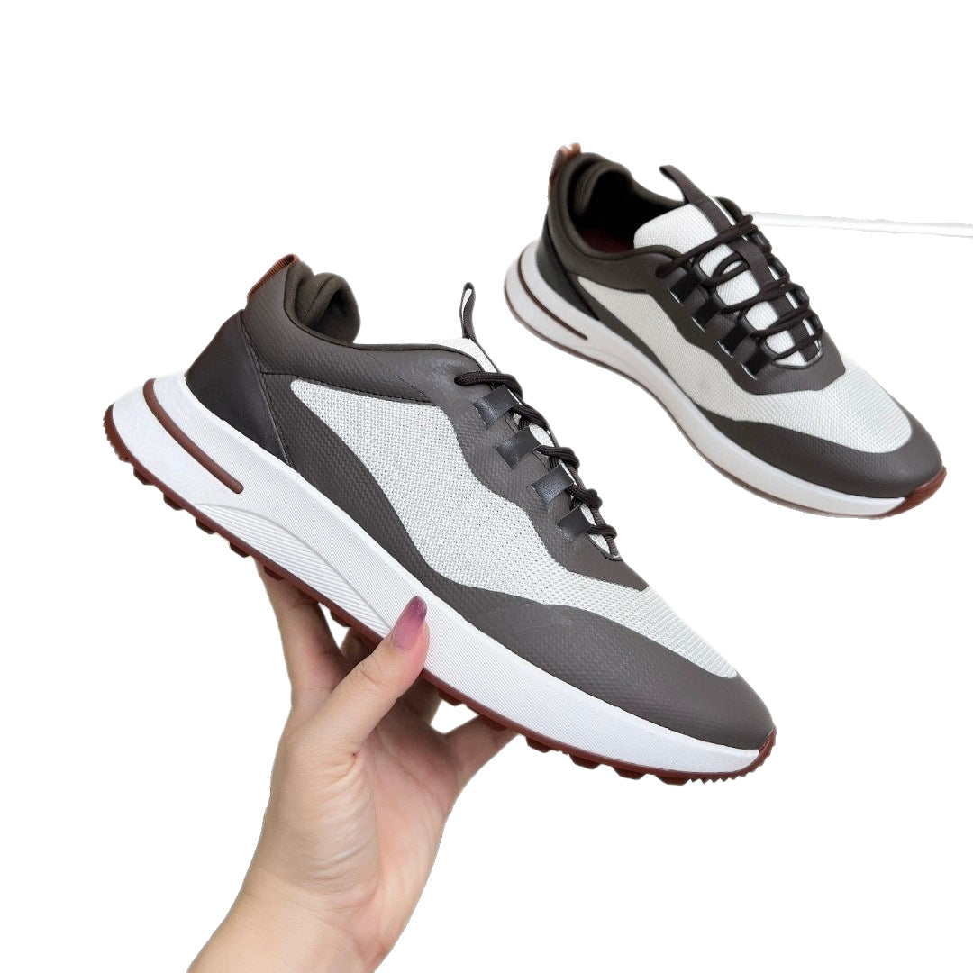 Men's Mesh Thick-soled Jogging Breathable Cowhide Stitching Men's Sports Shoes