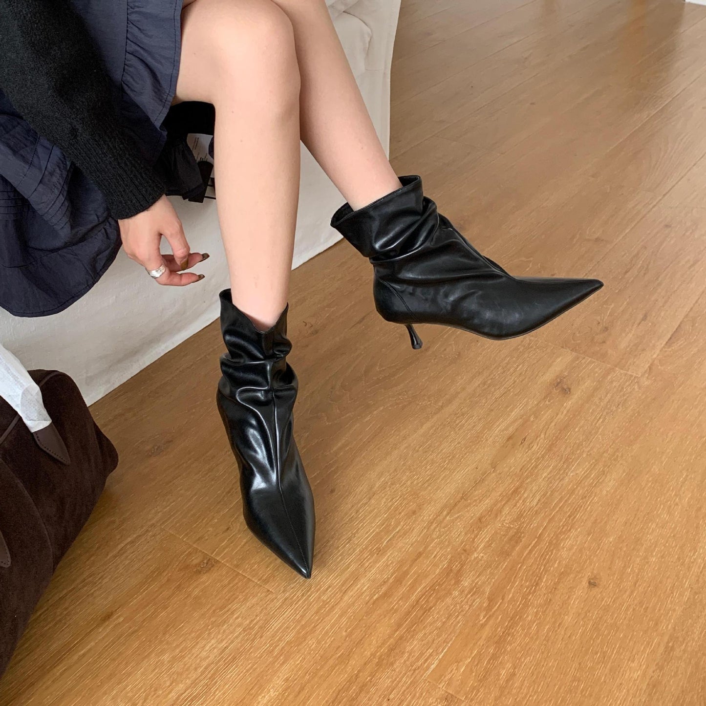 Women's Temperament High Thin Booties Brown Pointed Toe Heels