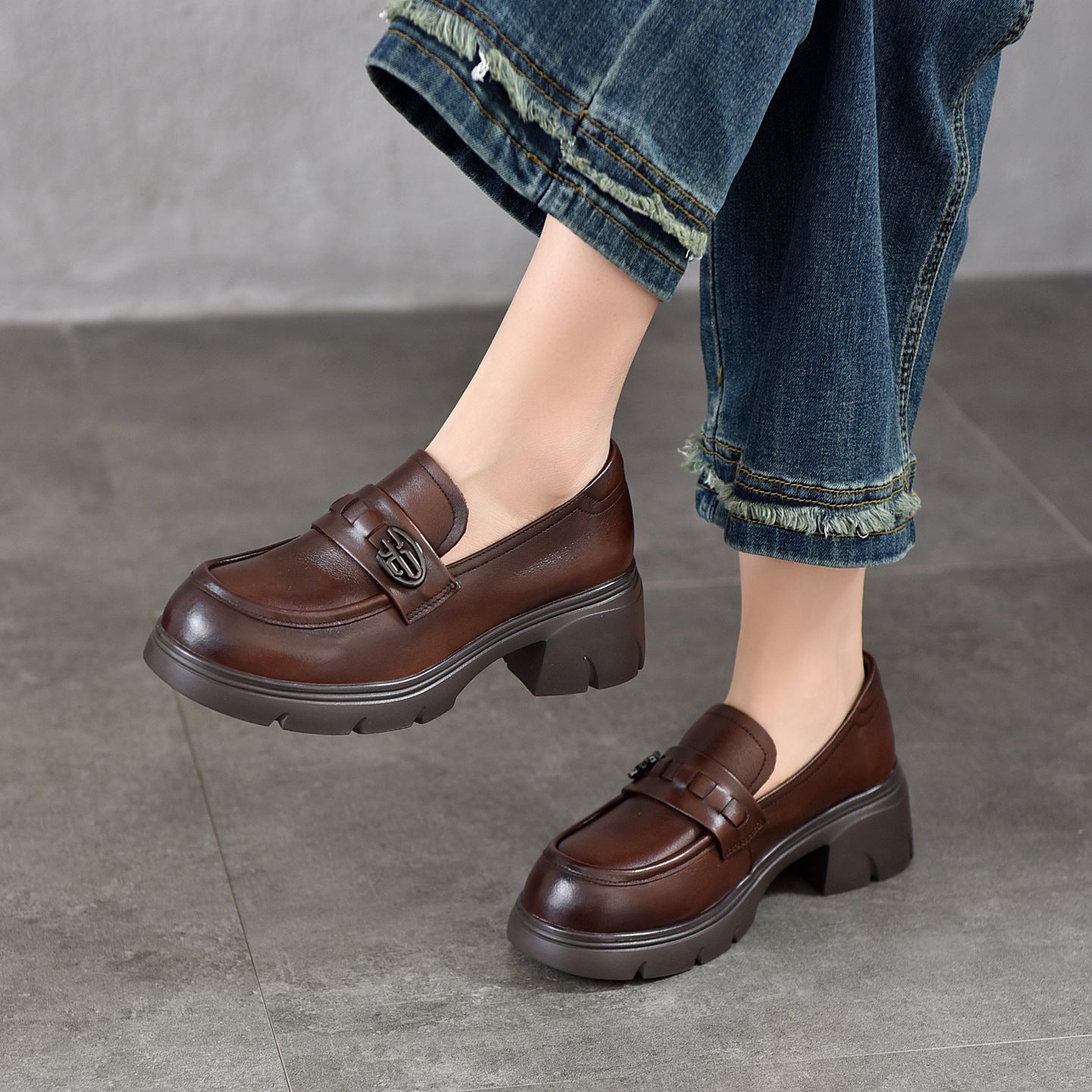Women's First Layer Cowhide Platform Female Temperament Loafers