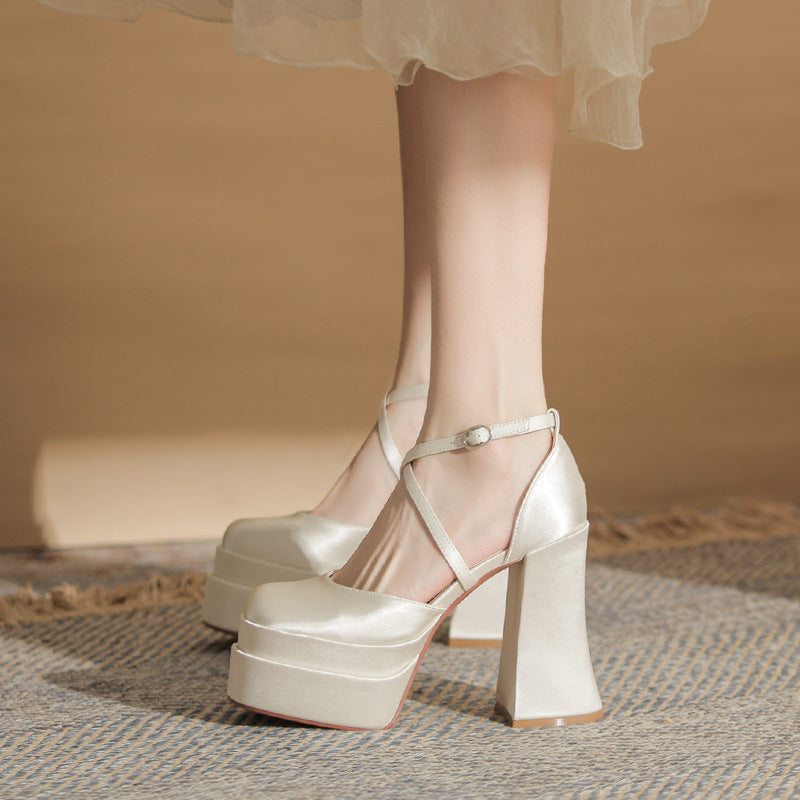 Women's Square Toe Chunky Hollow Waterproof Platform Super High Wedding Heels