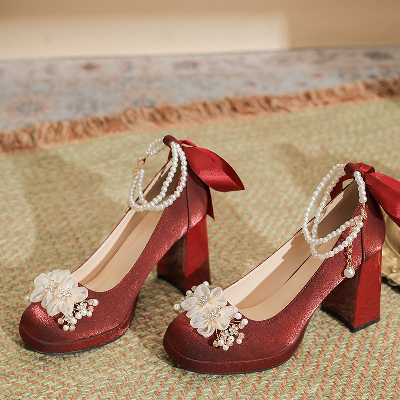 Women's Red Square Toe Mary Jane Wedding Heels
