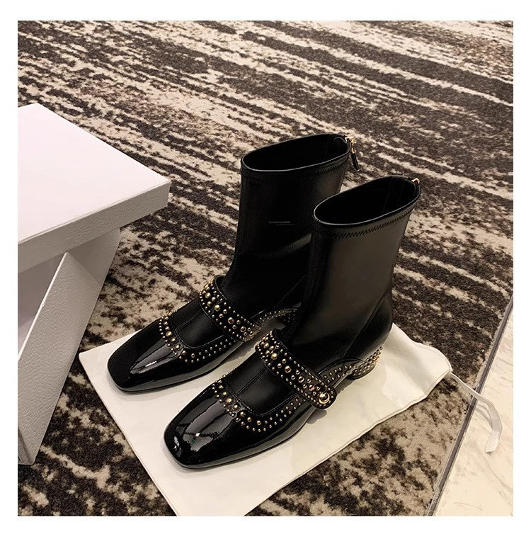 Head Rivet Back Zipper Tube Springy Women's Leather Boots