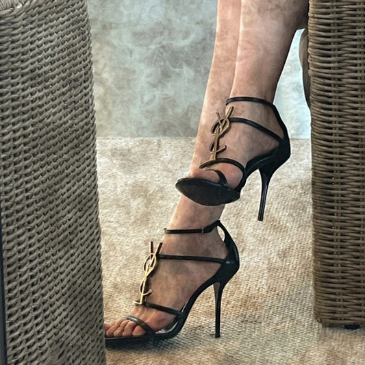 Women's Spring Black Letter Buckle Patent Open Toe Sexy High Heeled Sandals