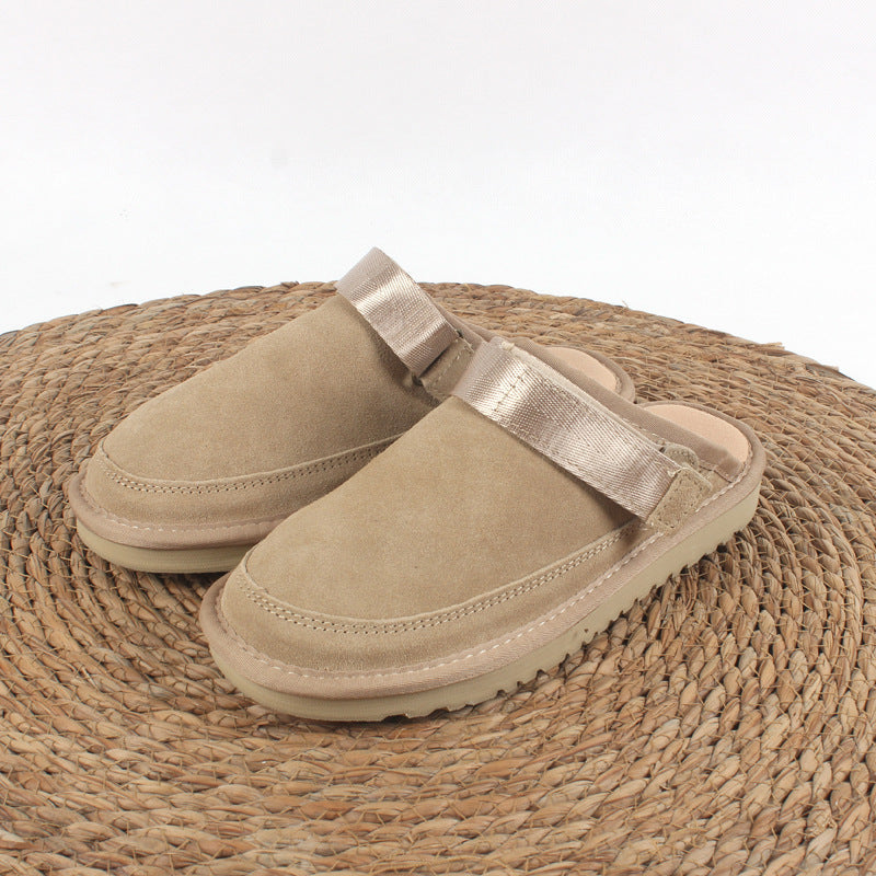 Cowhide Male Female Large Size Drawstring Flat Slippers