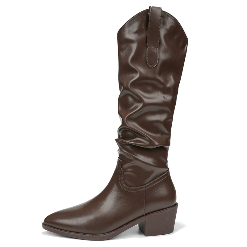 Women's Pointed Toe Pleated Chunky Long Elegant Slimming Pile Boots