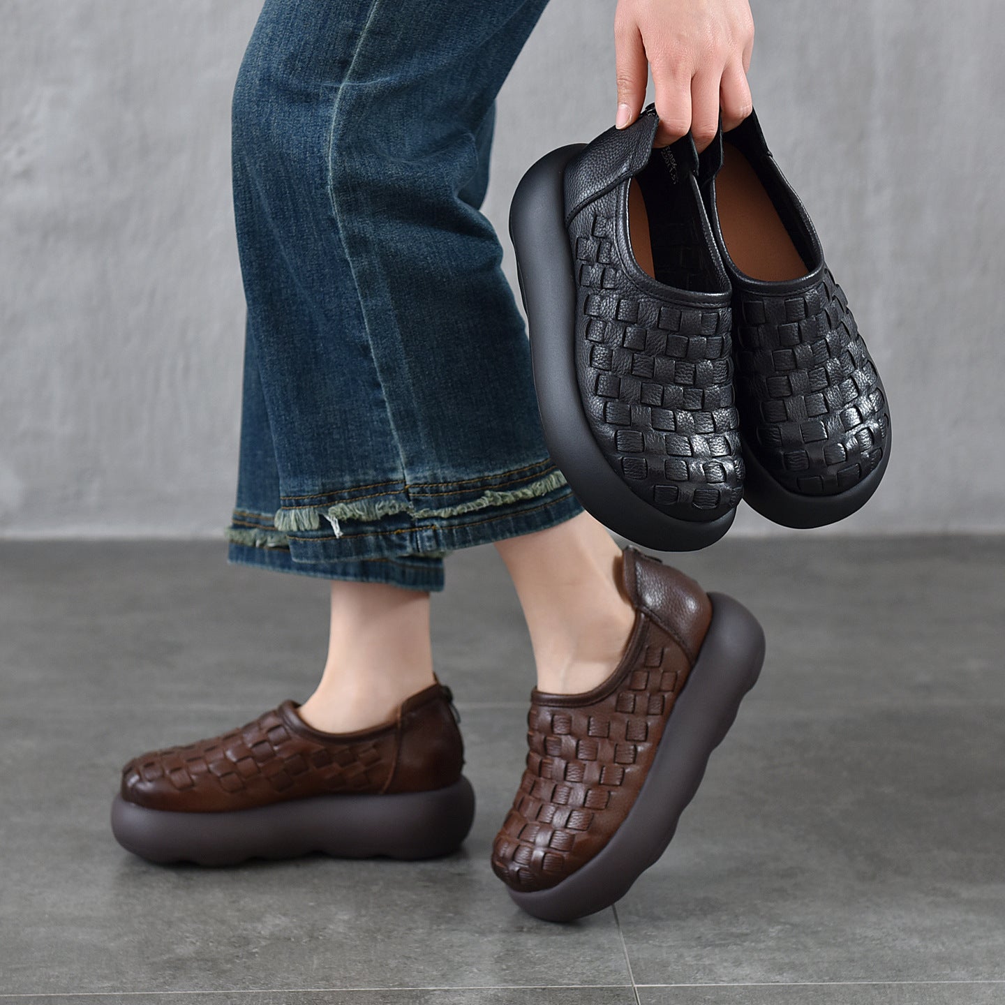 Women's Hand-woven Platform Round Head Genuine Spring Women's Shoes