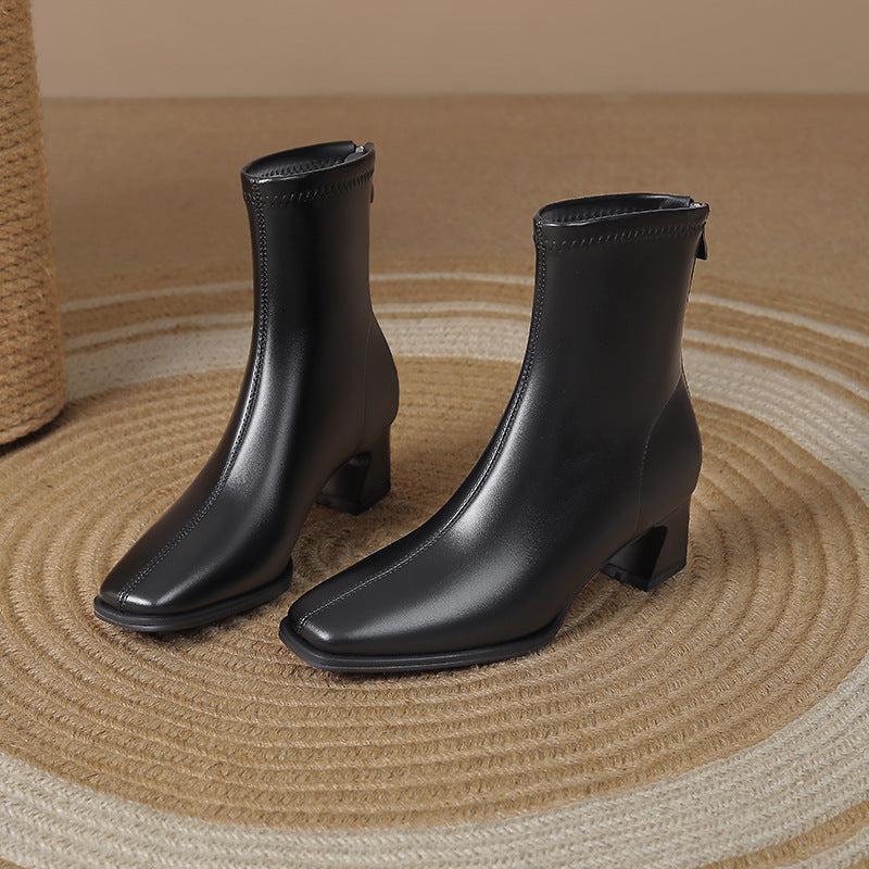 Women's French Style Chunky Short Commuter Back Zipper Boots