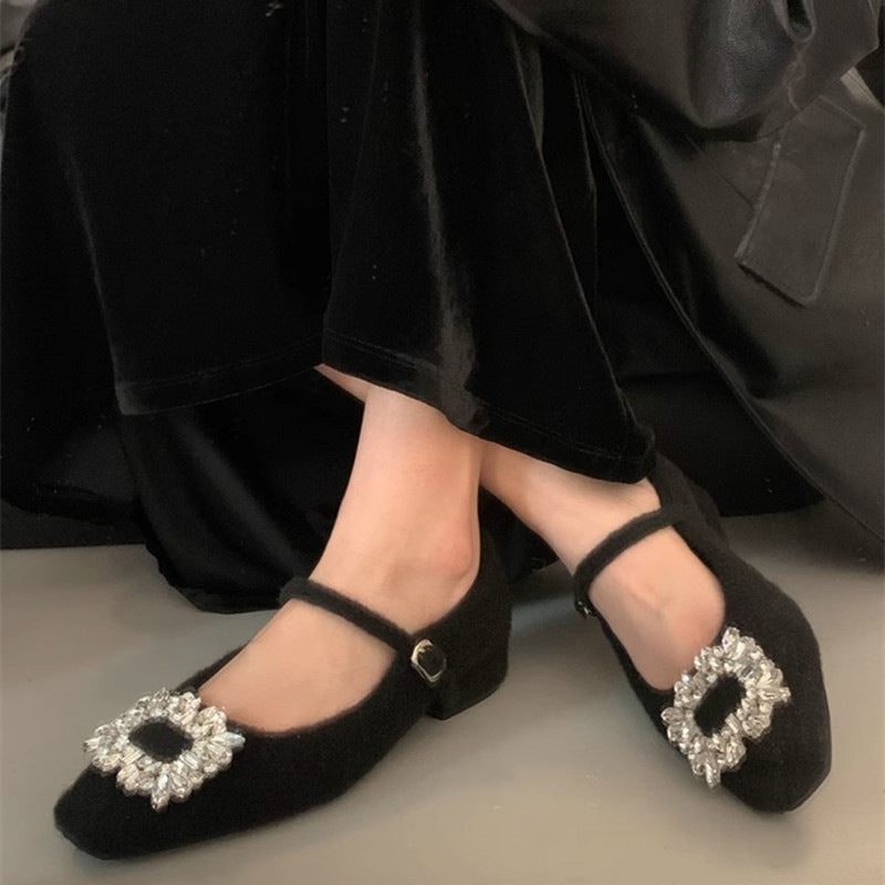 Women's Chunky Rhinestone Pumps Square Toe Fleece-lined Women's Shoes