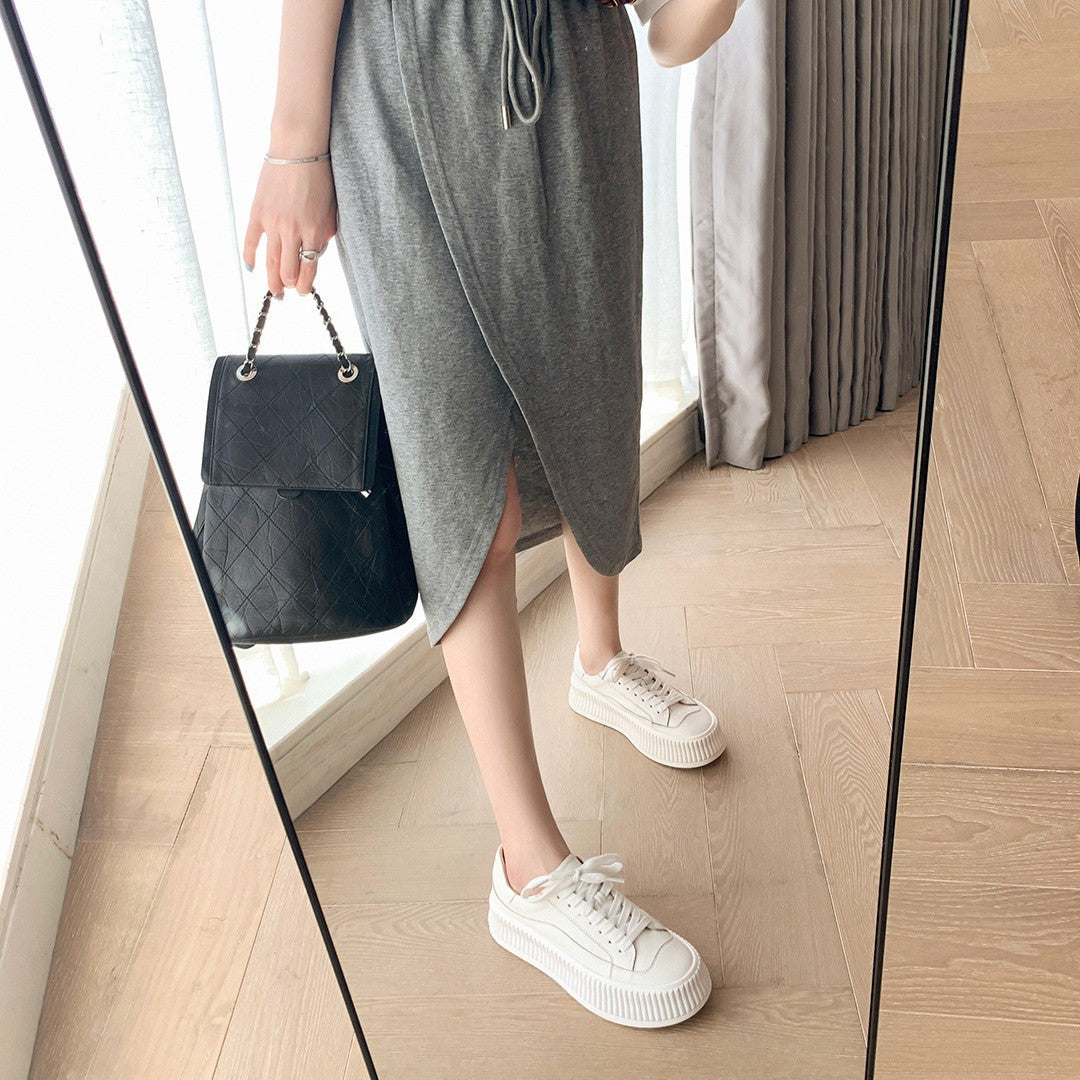 Women's Shape Round Head Thick Bottom Height Increasing Cowhide Leisure Platform Women's Casual Shoes