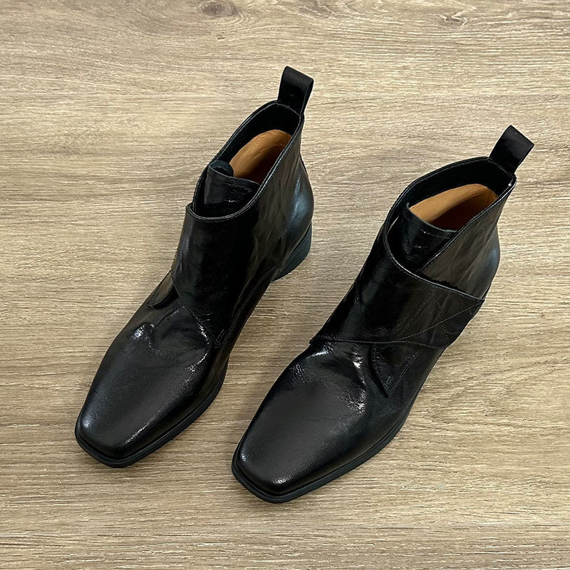 Women's Cowhide Version Niche Square Toe Velcro Martin Boots