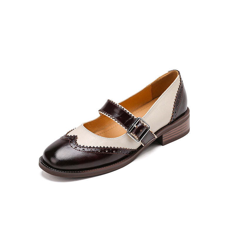 Women's Autumn Square Toe Mary Jane Burnt Leather Shoes