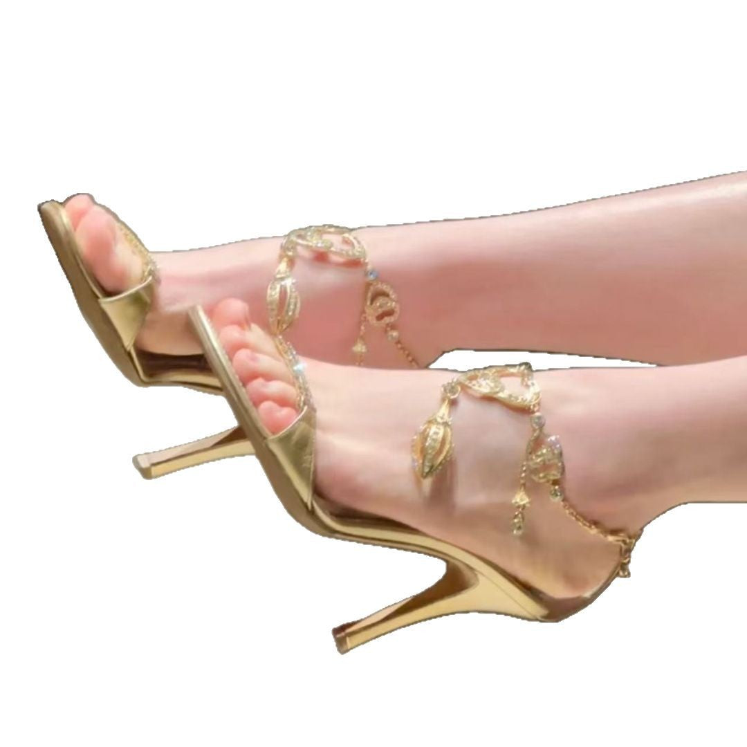 Women's Pendant Rhinestone Gold Stiletto Round Toe Sandals