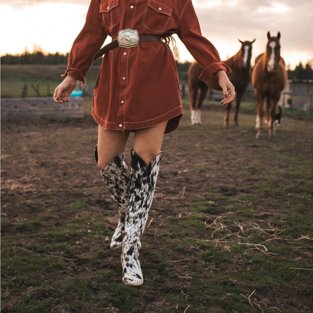 Leopard Print Imitation Horse Hair Knight Boots