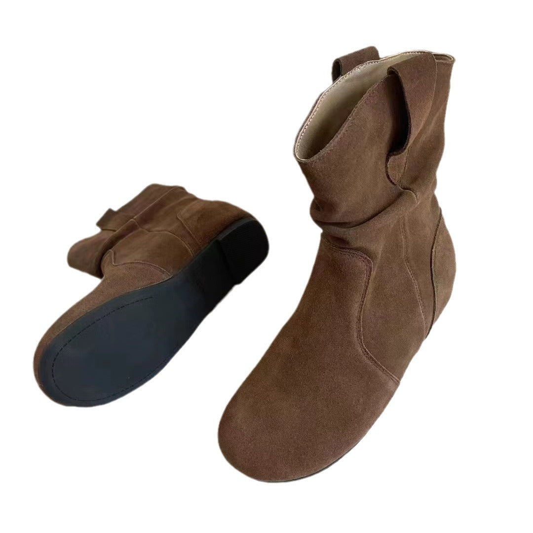 Women's Retro Height Increasing Insole Pile Style Slimming Western Short Boots