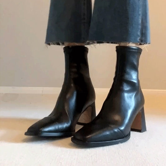 Women's Cowhide Version Black French High-heeled Skinny Boots
