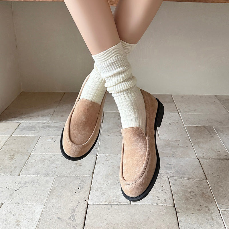 Women's Spring Round Toe Reversible Cowhide Flat Pumps Loafers