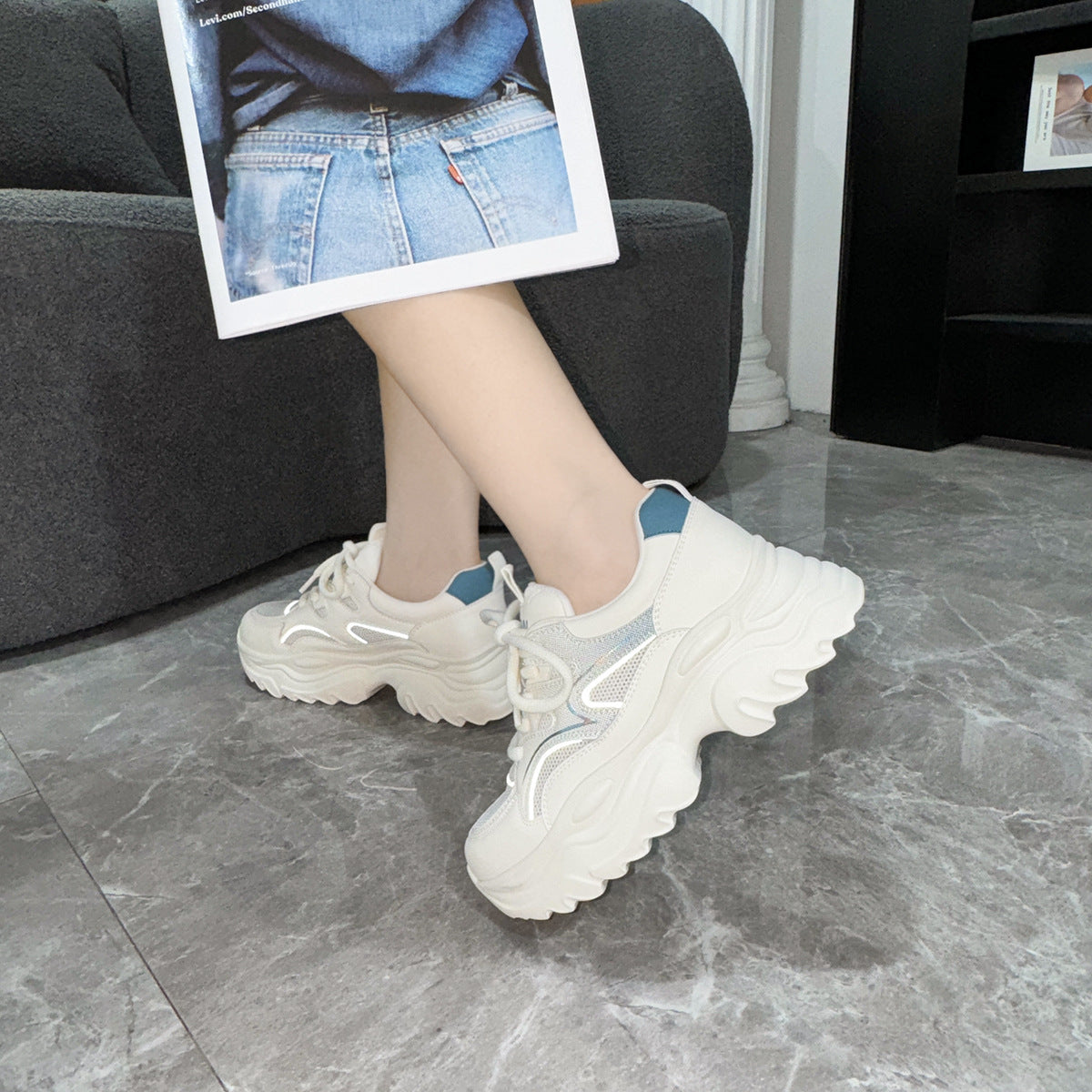 Women's White Mesh Lace Up Breathable Pumps Color Sneakers