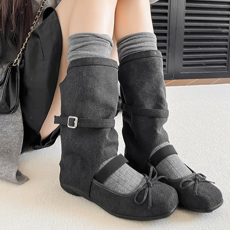 Women's Bow Mary Jane Ballet Linen Distressed Slippers