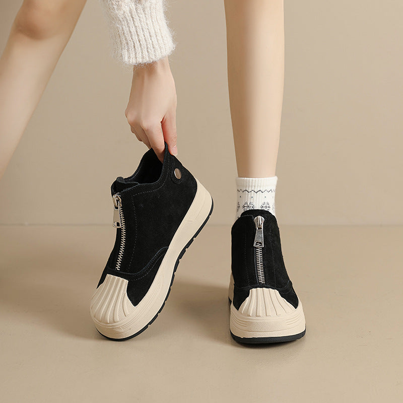 Women's Genuine Front Zipper Flat Shell Toe Board Women's Leather Boots