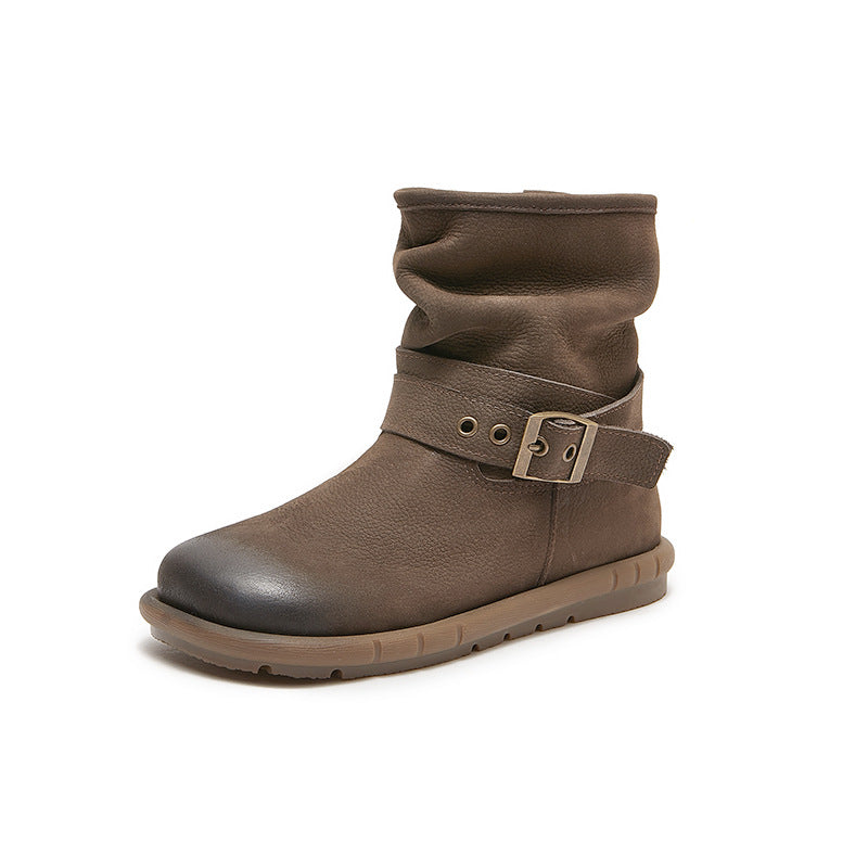 Women's Genuine Single Mori Style Retro Round Toe Comfortable Soft Bottom Women's Leather Boots
