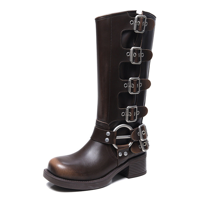 High Version Polished Genuine Knee-high Square Head Sleeve Boots