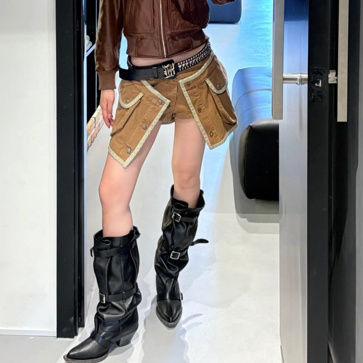 Pointed Toe Large Tube Circumference Pile Style Retro Western Cowboy Women's Leather Boots