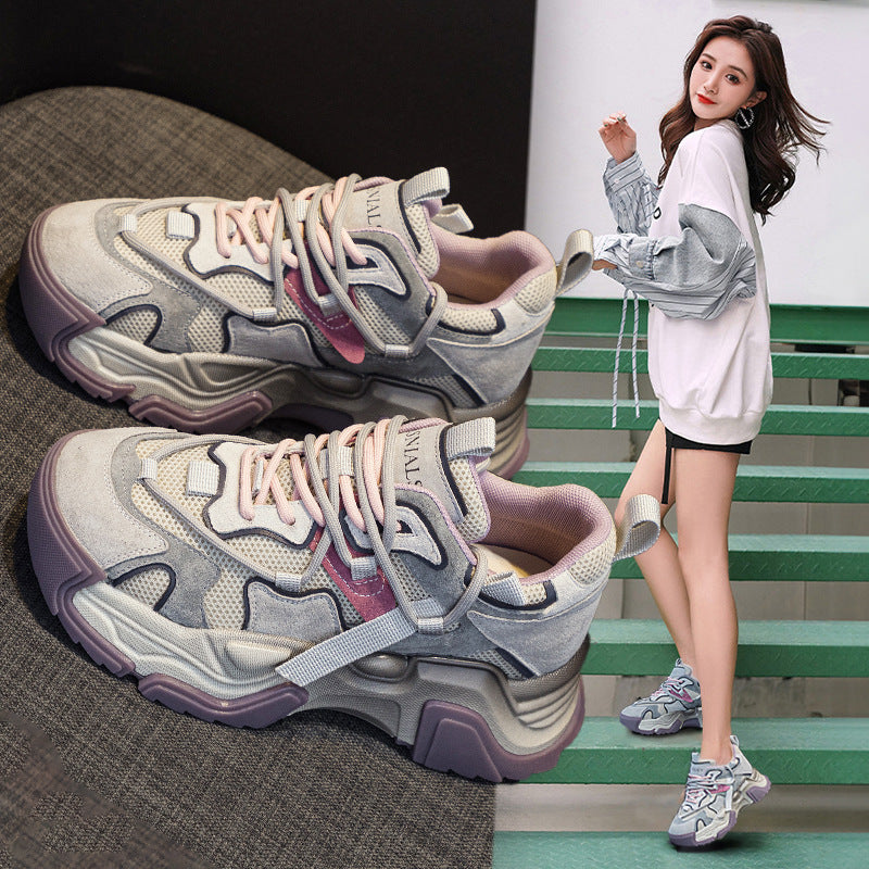 Women's Color Matching Film Bottom Mesh Breathable Clunky Autumn Thick Increased Women's Sports Shoes