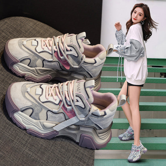 Women's Color Matching Film Bottom Mesh Breathable Clunky Autumn Thick Increased Women's Sports Shoes