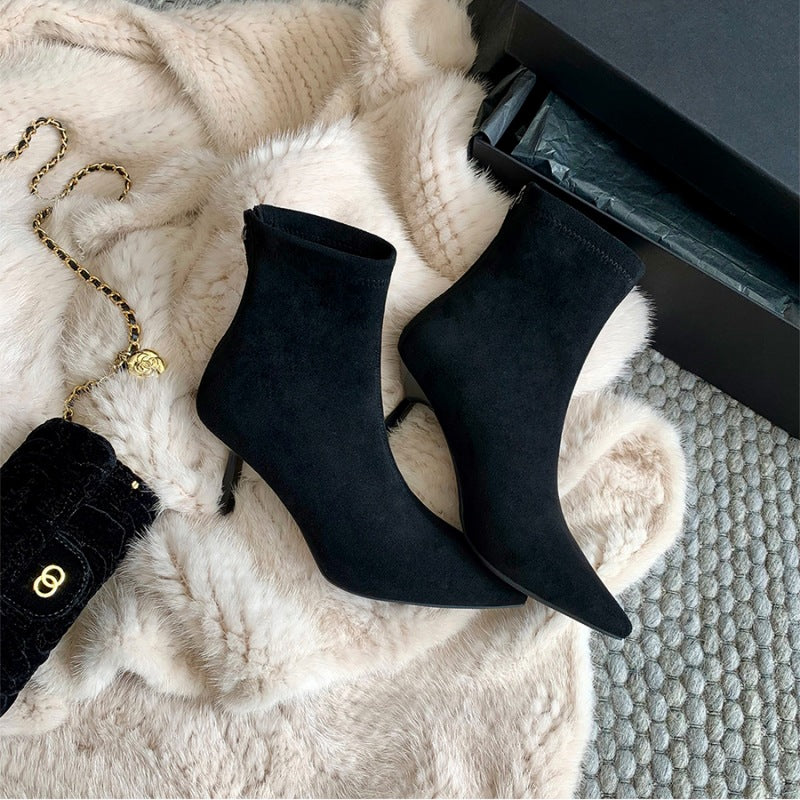 Women's Mom High Pointed Toe Stiletto Zipper Short Women's Leather Boots