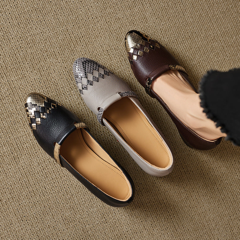 Women's Temperament Color Matching Sheepskin Woven Roman Authentic Low Small Slip-on Leather Shoes