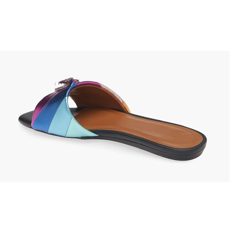 Women's Hollow Metallic Striped With Sandwich Round Flat Slippers