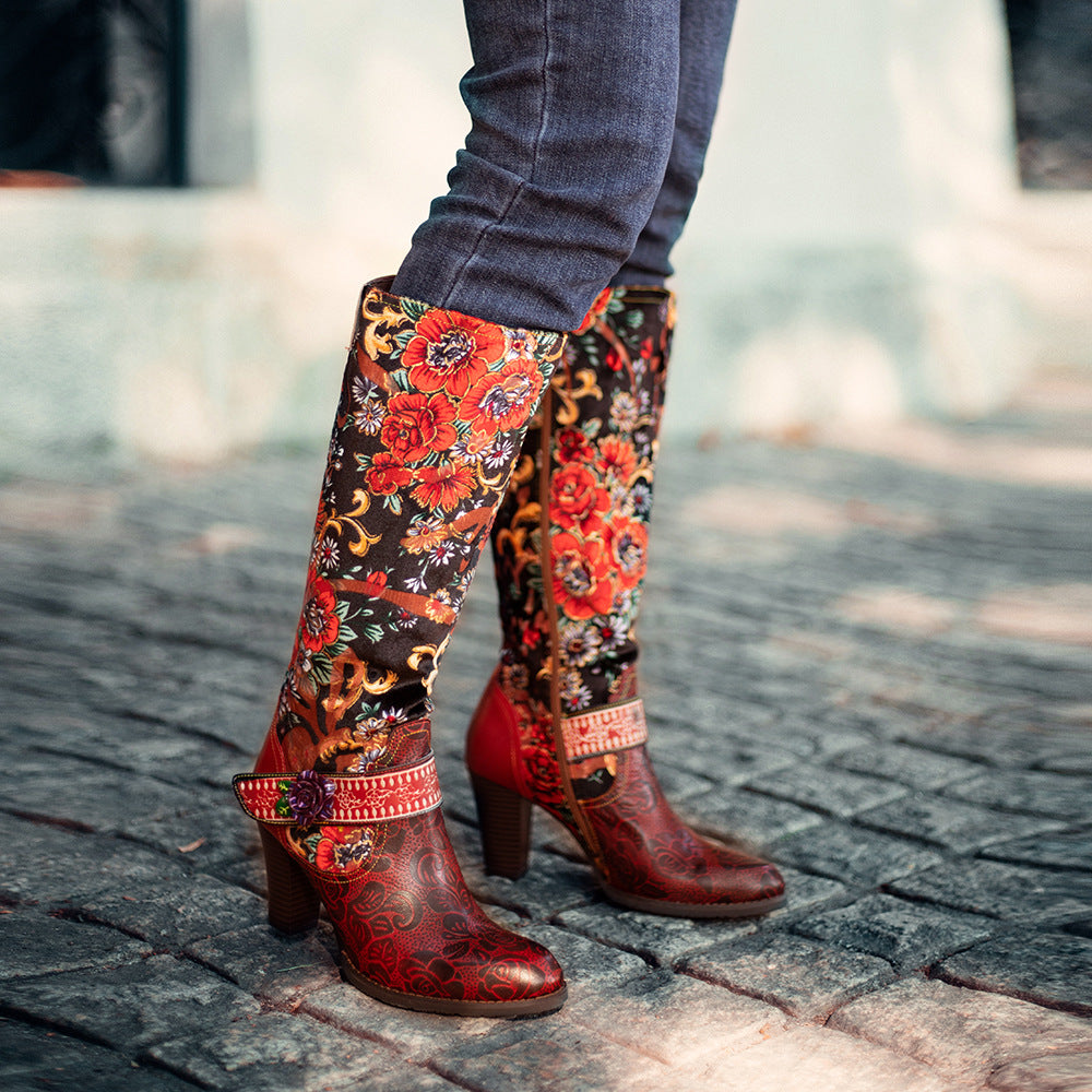 Women's Old Retro Style Three-dimensional Flower Warm Knee-high Women's Leather Boots