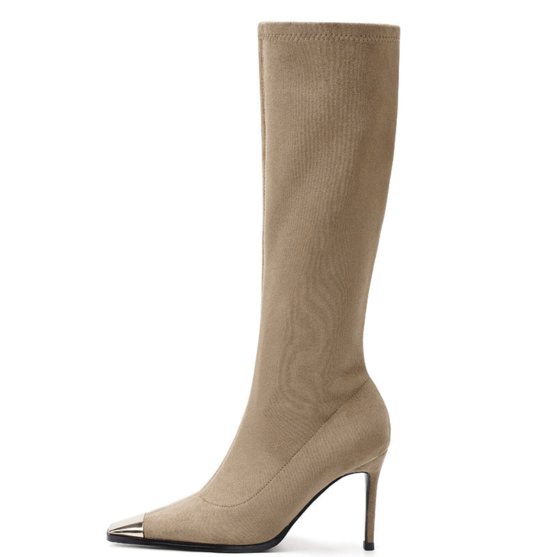 Metal Square Toe Stiletto High Leg Sexy Stretch Thin Women's Leather Boots