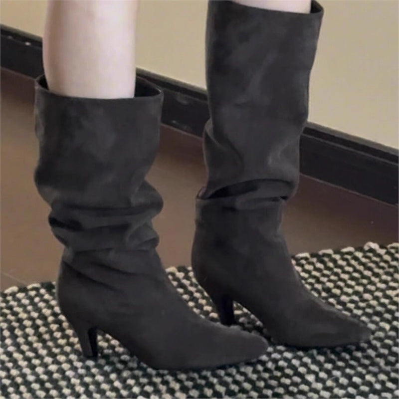 Women's Version Authentic Stiletto Pointed Pleated Pile Style For Slimming Versatile Boots