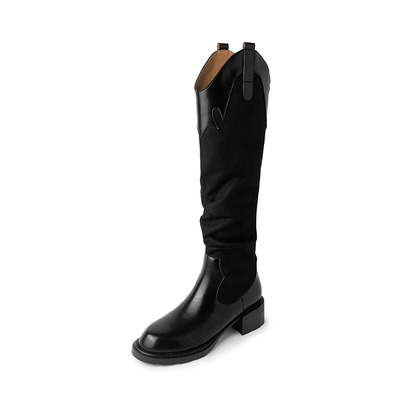 Women's American Retro Chunky Western Cowboy Riding Plus Veet Women's Leather Boots