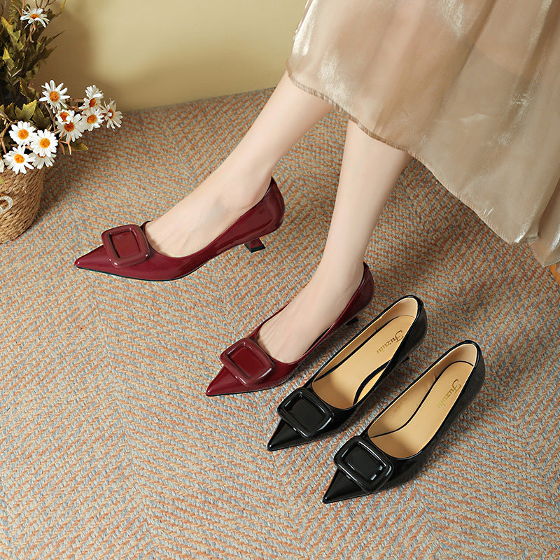 Women's Patent High Square Buckle Low-cut Elegant Pointed Heels