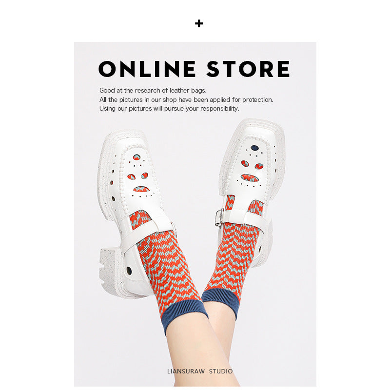 Women's Hole Square Toe Platform Belt Buckle Sandals