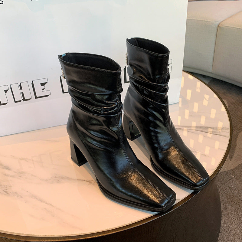 Women's Ankle Pleated Square Toe High Plus Women's Leather Boots