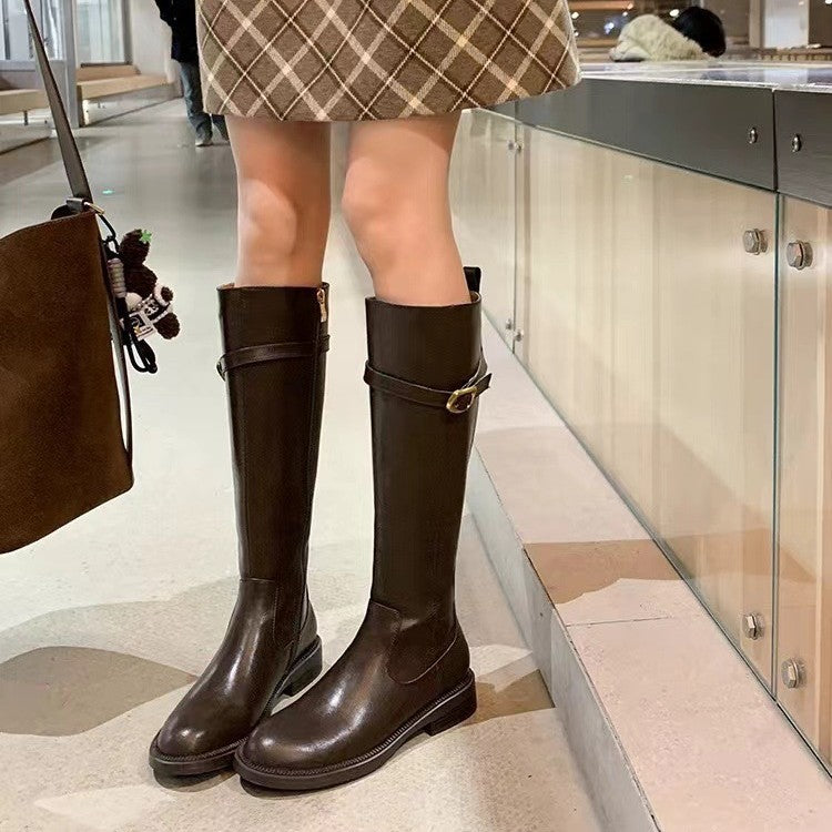 Small Golden Button Thick Bottom Chunky Tall Knight Slim Heels