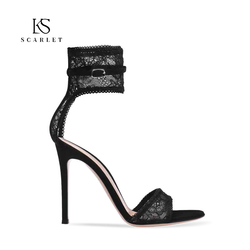 Women's Toe Summer Black Lace High-heeled Stiletto High Heeled Sandals
