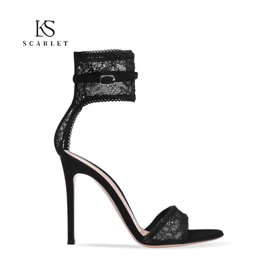 Women's Toe Summer Black Lace High-heeled Stiletto High Heeled Sandals