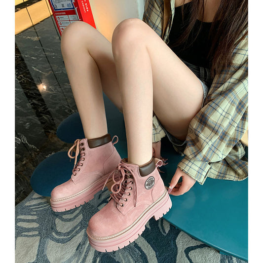 Women's Height Increasing Insole Pink Small British Style Ankle Women's Leather Boots