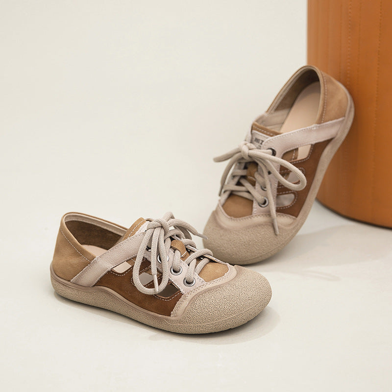 Women's Artistic Retro First Layer Cowhide Hollow Front Commuter Color Matching Women's Casual Shoes