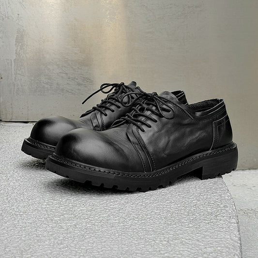 Men's Washed Cowhide Commuter Derby Pleated Warped Head Thick Bottom Increased Men's Casual Leather Shoes