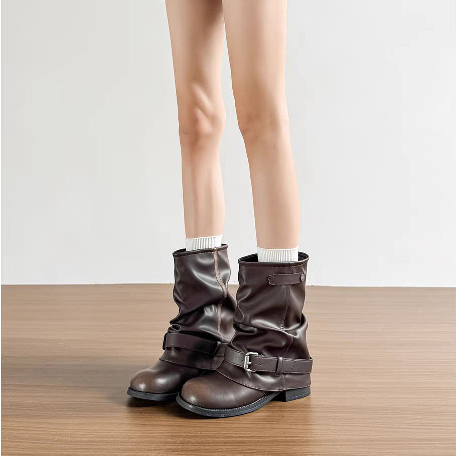 Women's Western Denim Pile Style Pleated Pants Tube Short Winter Chunky Heels