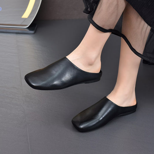 Women's Sheepskin Outdoor Wear Retro Square Toe Lazy Wild Flat Slippers