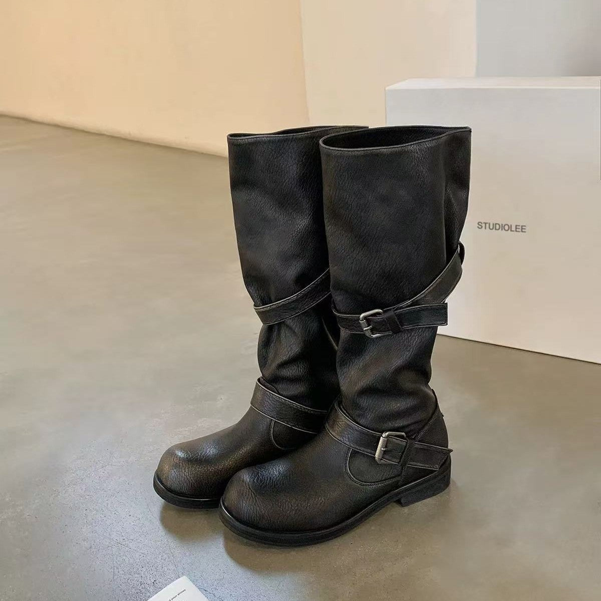 Western Hot Double Belt Buckle Round Toe Pants Tube Thick Women's Leather Boots